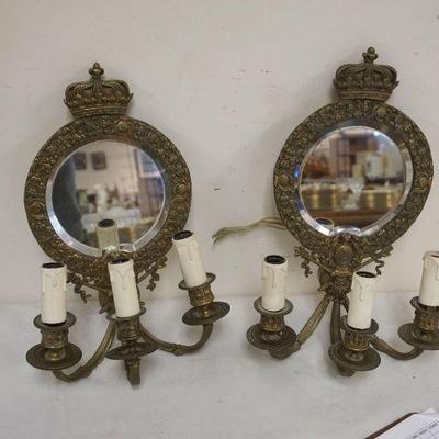1130	PAIR OF BRASS MIRROR BACK WALL SCONCES W/KINGS CROWNS & KNIGHT HELMET MOTIF, APPROXIMATELY 15 IN HIGH

