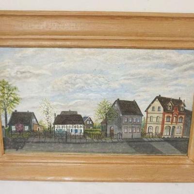 1266	OIL PAINTING ON CANVAS FOLK ART STREET SCNE, APPROXIMATELY 19 IN X 28 IN OVERALL
