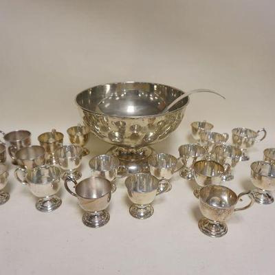 1121	NICKLE SILVER PUNCH BOWL W/2 SETS OF MUGS
