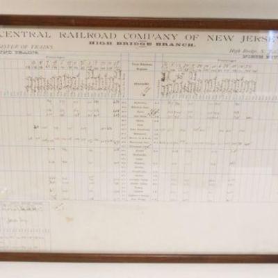 1011	FRAMED ANTIQUE TIMETABLE 1890 CENTRAL RAILROAD CONPANY OF NEW JERSEY, HIGHBRIDGE BRANCH, APPROXIMATELY 18 IN X 35 IN OVERALL
