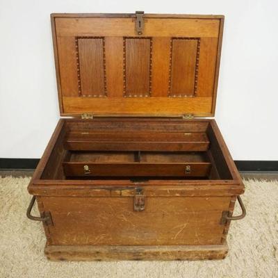 1160	ANTIQUE WOOD TOOL CHEST W/UNUSUAL EXTENDED DOVETAILED CORNERS & IRON BAR HANDLED SIDES W/ORNATE INTERIOR, APPROXIMATELY 39 N X 22 IN...