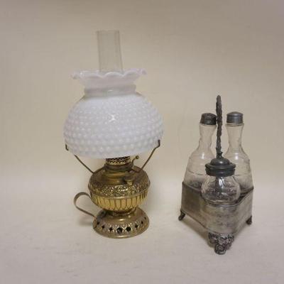 1131	VICTORIAN CONDIMENT SET & BRASS BASED RAYO LAMP, APPROXIMATELY 13 IN HIGH
