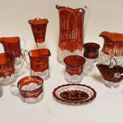 1031	LARGE GROUP OF ASSORTED VICTORIAN RUBY FLASH SOUVENIR GLASS, APPROXIMATELY 8 1/4 IN HIGH
