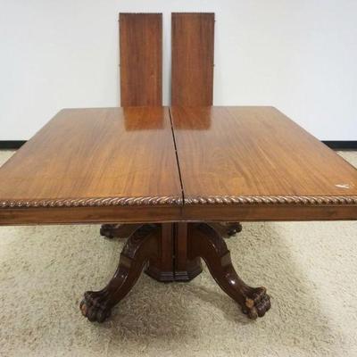 1173	ANTIQUE MAHOGANY SQUARE TABLE W/CLAW FOOT PEDISTAL BASE & 2-16 IN LEAVES, APPROXIMATELY 52 IN SQUARE X 30 IN HIGH
