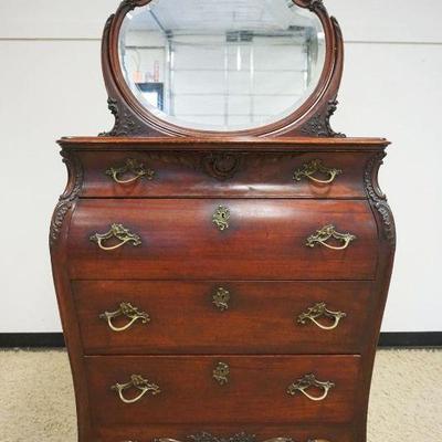 1205	MAHOGANY BOMBE 4 DRAWER CHEST W/APPLIED CARVINGS & BEVELED MIRROR, APPROXIMATELY 38 IN X 20 IN X 74 IN HIGH
