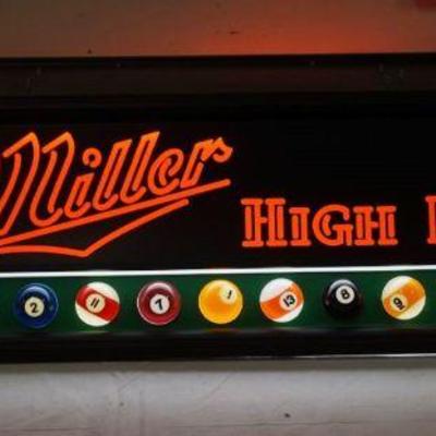 1323	MILLER HIGH LIFE BEER HANGING FLOURESCENT POOL TABLE LIGHT, PLASTIC W/POOL BALLS SURROUNDING BOTTOM, APPROXIMATELY 48 IN X 21 IN X...
