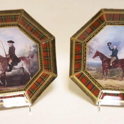 1107	2 OCTAGON DECOUPAGE PLATES HUNT SCENES MARKED DURWIN RICE NEW YORK ON BACK, APPROXIMATELY 10 IN
