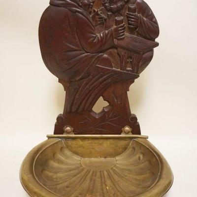 1244	LARGE BRASS SHELL SHAPED TRAY W/ATTACHED CARVED WALNUT PUB SCENE, APPROXIMATELY 16 IN X 14 IN X 22 IN
