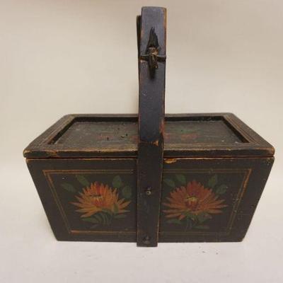1135	FLORAL PAINT DECORATED TAPERED BOX W/LID & HANDLE, APPROXIMATELY 14 IN X 9 IN X 15 IN HIGH
