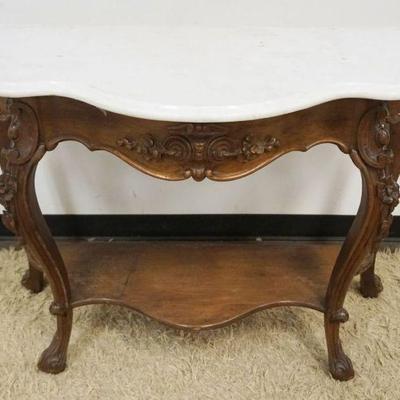 1163	ORNATE VICTORIAN MARBLE TOP PARLOR ENTRY TABLE, DEMILUNE, APPROXIMATELY 47 IN X 24 IN X 33 IN HIGH
