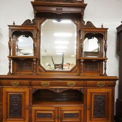 1165	OUTSTANDING MAHOGANY VICTORIAN 2 PART BREAKFRONT W/BEVELED GLASS MIRRORS & CARVED PANELED DOORS, APPROXIMATELY 79 IN X 26 IN X 102...