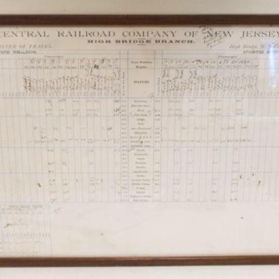 1013	FRAMED ANTIQUE TIMETABLE 1890 CENTRAL RAILROAD CONPANY OF NEW JERSEY, HIGHBRIDGE BRANCH, APPROXIMATELY 18 IN X 35 IN OVERALL
