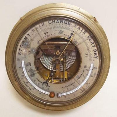 1296	ANTIQUE BRASS FRENCH THERMOMETER & BAROMETER, CRACKED GLASS, APPROXIMATELY 9 IN X 3 IN

