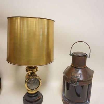 1123	BRASS MOUNTED CARRIAGE LAMP ELECTRIFIED & COPPER METEORITE, 17 IN HIGH LANTERN, BURNER MISSING
