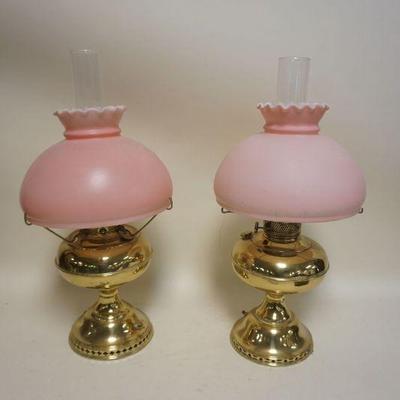 1126	2 BRASS RAYO LAMPS W/PINK SATIN GLASS SHADES, ELECTRIFIED, APPROXIMATELY 21 IN HIGH
