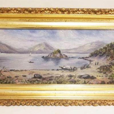 1026	ANTIQUE OIL PAINTING ON BOARD, FRAMED, ARTIST SIGNED, APPROXIMATELY 7 IN X 14 IN OVERALL
