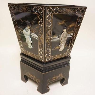 1237	ASIAN WOOD BLACK LACQUERED 6 PANEL PLANTER ON STAND W/APPLIED STONE CARVED IMAGES OF WOMEN, APPROXIMATELY 13 IN X 17 IN
