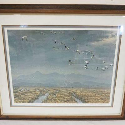 1103	ROBERT BATEMAN *ACROSS THE SKY-SNOW GEESE* SIGNED & NUMBERED PRINT 78/950, APPROXIMATELY 31 IN X 37 IN OVERALL
