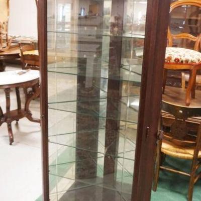 1196	CONTEMPORARY MIRROR BACK CORNER CRYSTAL CABINET, INTERIOR LIT W/ADJUSTABLE GLASS SHELVES, APPROXIMATELY 17 IN X 72 IN HIGH
