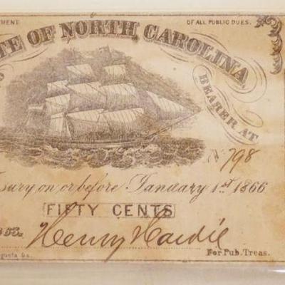 1052	1866 STATE OF NORTH CAROLINA PAPER NOTE 50 CENT
