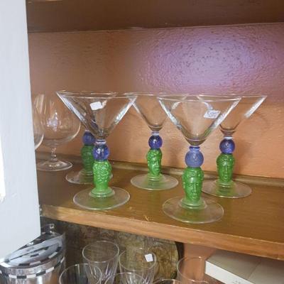 1996 Richard Jolley Martini Glasses with Green Head and Blue Globe