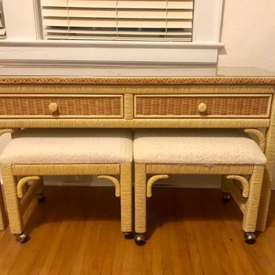 Fantastic Vintage Henry Link Wicker Foyer/Console Table with matching stools