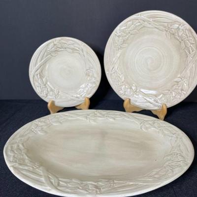 Iris Linen and Bone Pattern Plates and Platter by Floriware and Jardinware made in Zanesville, Ohio