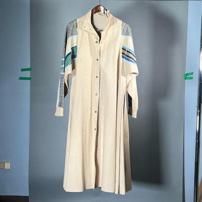VINTAGE TRENCH COAT | Womenâ€™s long trench coat with pockets and having striped and plaid accents, no apparent label or size. - l. 47 in
