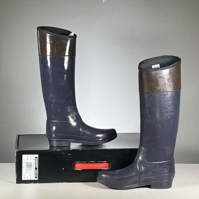 [NEW] HUNTER BOOTS | Women's size 7M blue and brown Hunter boots, "Sandhurst Carlyle" in Navy / Bitter Chocolate, tall...