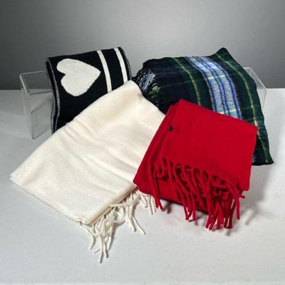 (4PC) CASHMERE AND WOOL SCARVES, MIXED | Includes: cream Lochmere 100% cashmere scarf (NWT), black & white Juicy Couture 100% cashmere...