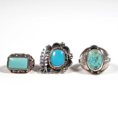 (3PC) STERLING & TURQUOISE RINGS | Including a rectangular light blue turquoise ring with openwork gallery, a ring with feather motif,...