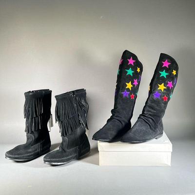 (2PC) (NEW) WOMENâ€™S BLACK SUEDE BOOTS | Includes; souliers black suede boots and Minnetonka Moccasin tasseled black suede boots. Both...