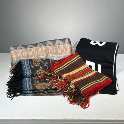 (4PC) MIXED GROUP OF SCARVES | Includes: black and white Bebe Sports scarf, dark colored Simon Chang scarf, colorful scarf from V. Fraas,...