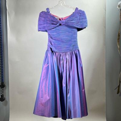CATTIVA BY MAYA JORNOT DRESS | Iridescent purple/blue party dress with off-the-shoulder ruched top; with no apparent size tag, waist/hip...
