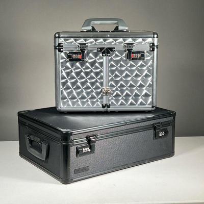 (2PC) METAL BRIEFCASE AND TRAVEL MAKEUP CASE | Includes black metal briefcase and metal ale up case with locks, handle, interior mirror...