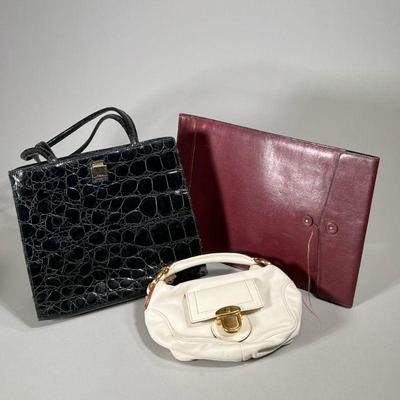 (3PC) LEATHER HANDBAS & CASE | Two vintage leather handbags, including a small white Marc Jacobs purse, suede-lined, and a black...