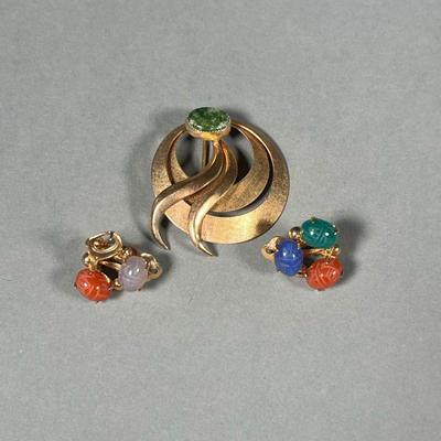 (3PC) 12KGF JEWELRY | Including a pair of gold-filled scarab earrings (clip-on) and a green stone pin, both marked "12K GF";...
