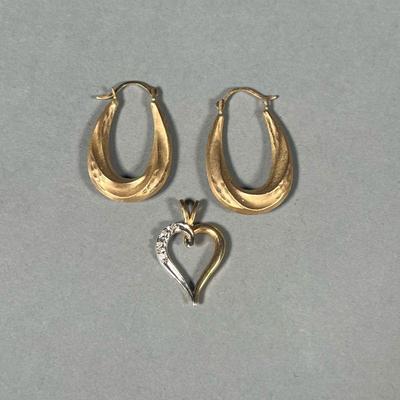 (3PC) 14K & DIAMOND JEWELRY | Including a heart-shaped two-tone gold pendant with four melee diamonds and a pair of swirled huggie...