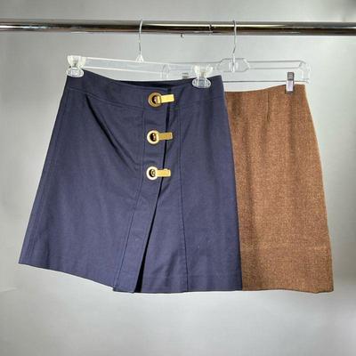(2PC) TORY BURCH & OTHER SKIRTS | Including a Tory Burch navy blue cotton skirt with brass clasp front (size 4, length 19 in.) and a...