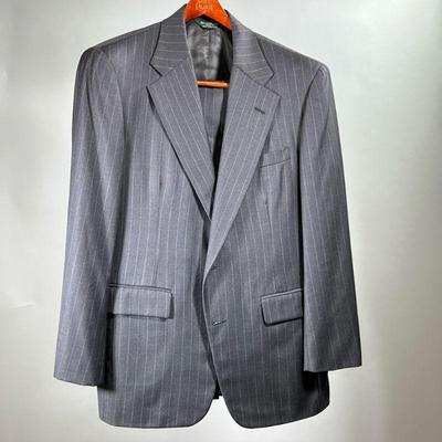 SAINT LAURIE BESPOKE SUIT | Men's gray striped suit, custom tailored by Saint Laurie; jacket w. 19 in. (shoulder to shoulder) x l....