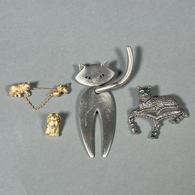 (3PC) CAT PINS | Fun! Cat-form brooches in gold and silver tones, one marked â€œJJâ€. - h. 4 in (largest)
