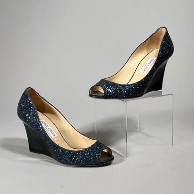 JIMMY CHOO SEQUIN WEDGES | Women's EU size 39.5 (US 8), blue sequin open-toe wedge heels.
