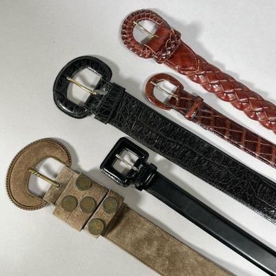 (5PC) LEATHER BELTS | Including an Alden Howard belt with ancient-style coins, an Italian alligator black leather belt, an Abaco Paris...