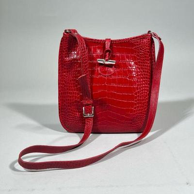LONGCHAMP LEATHER BAG | A brilliant read leather Longchamp handbag/purse lined with fabric, having an interior zip pocket. - w. 11 x h....