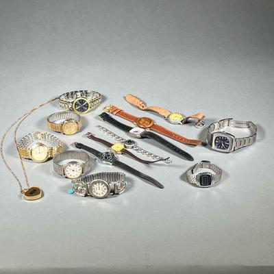 ASSORTED WATCHES | Multiple watches made of various materials including Stainless steel, wood, & leather.
