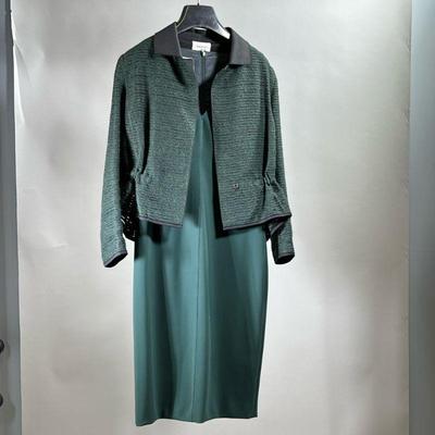 (2PC) AKRIS PUNTO DRESS & JACKET | Matching set, a green v-neck sleeveless dress (size 6) and a cropped jacket with cinched waist and...