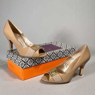 WOMENâ€™S ISOLA HEELS | Size 9, Light tan/taupe open-toe heels with gold-tone accents.
