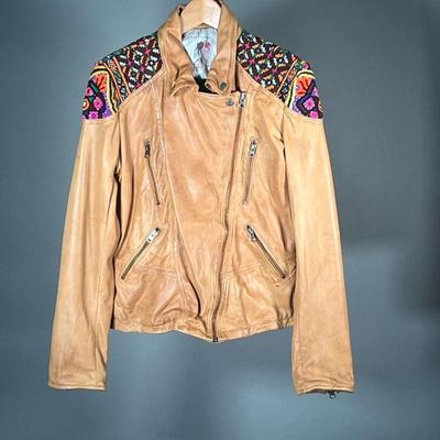 FREE PEOPLE WOMENâ€™S LEATHER JACKET (NWT) | Brown leather jacket from Free People with embroidered design on shoulders and back. Made in...