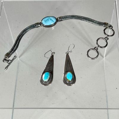 (3PC) STERLING & TURQUOISE JEWELRY | Including a pair of Sterling and turquoise droplet earrings with a matching turquoise and Sterling...