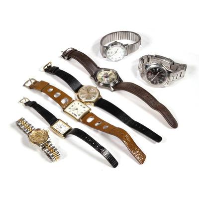 (7PC) MISC. WRISTWATCHES | Including: a Swiss Army stainless watch, Andes 17 Jewels, a Seiko Quartz watch, a Timex Indiglo, a Timex...